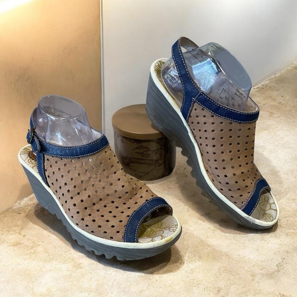 FLY London-Yile Women’s Size 9-9.5 Perforated Tan & Blue Peep Toe Wedge Sandal